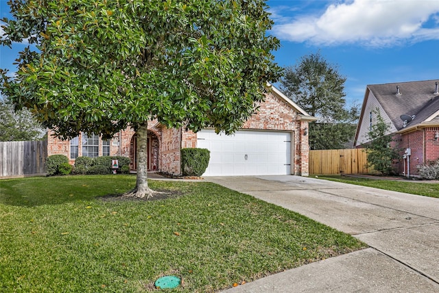 view of property hidden behind natural elements featuring a front yard and a garage