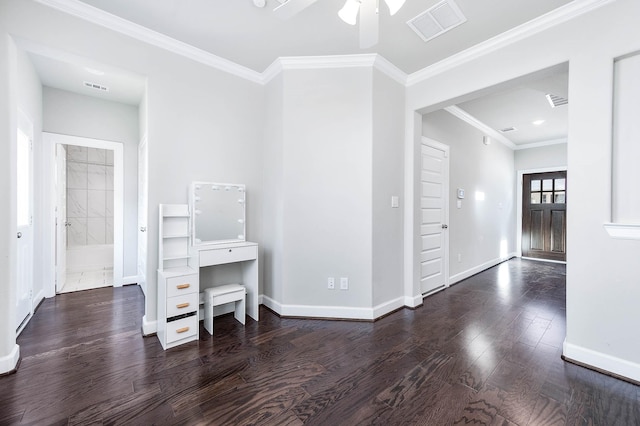 office with ceiling fan, dark hardwood / wood-style flooring, and crown molding