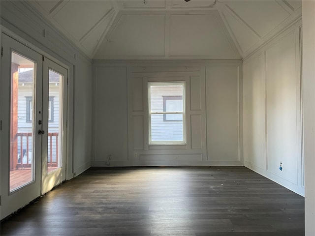 empty room with french doors and dark wood-type flooring