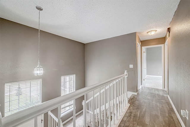 hall with hardwood / wood-style floors and a textured ceiling