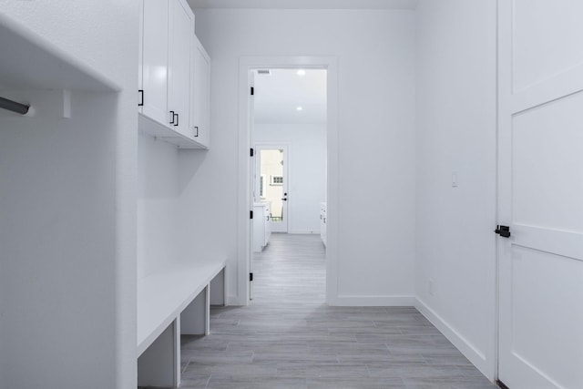 mudroom with light hardwood / wood-style floors