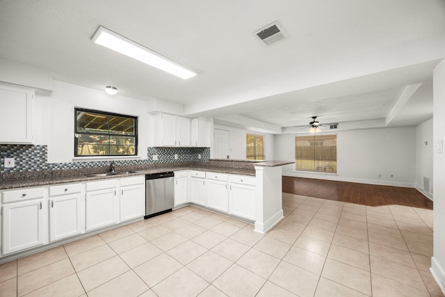 kitchen featuring kitchen peninsula, sink, white cabinets, and stainless steel dishwasher