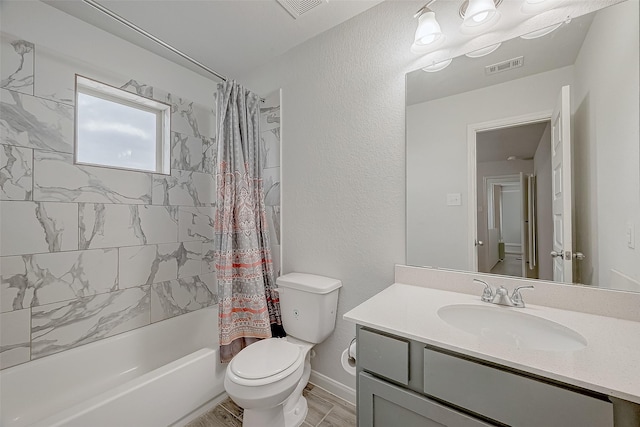 full bathroom with vanity, toilet, wood-type flooring, and shower / tub combo with curtain