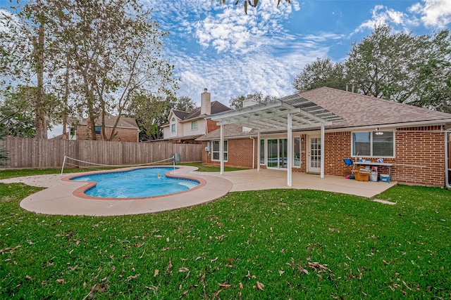 view of swimming pool featuring a patio, a pergola, and a lawn