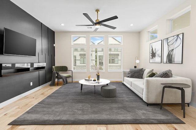 living room with ceiling fan and wood-type flooring