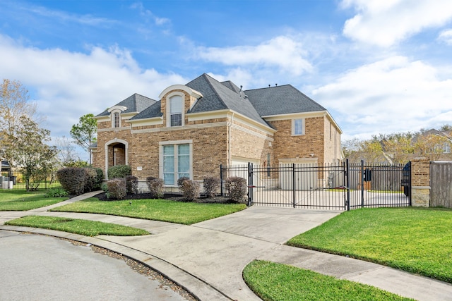 view of front of house with a garage and a front lawn