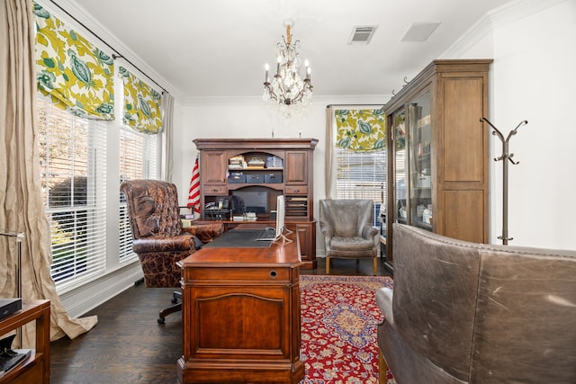 office space featuring ornamental molding, plenty of natural light, and dark wood-type flooring