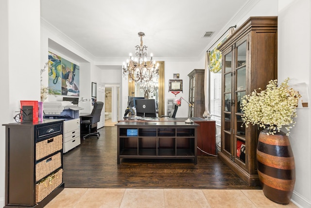 interior space featuring wood-type flooring, ornamental molding, and an inviting chandelier