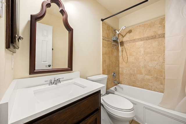 full bathroom featuring shower / bathtub combination with curtain, vanity, and toilet