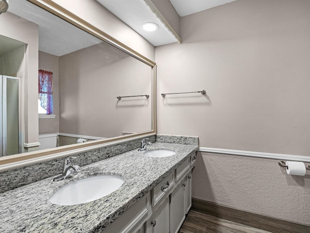 bathroom featuring hardwood / wood-style flooring and vanity