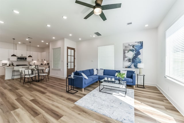 living room with ceiling fan and light hardwood / wood-style flooring