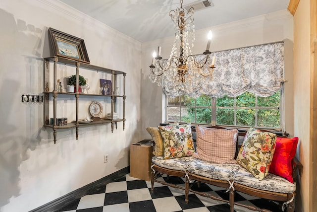 living area featuring ornamental molding and an inviting chandelier