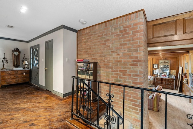 corridor featuring crown molding, dark hardwood / wood-style flooring, and a textured ceiling