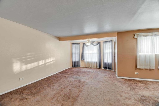 empty room featuring ceiling fan, carpet, and a textured ceiling