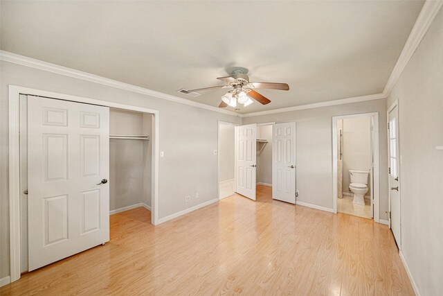 unfurnished bedroom featuring crown molding, ceiling fan, a closet, and light hardwood / wood-style floors