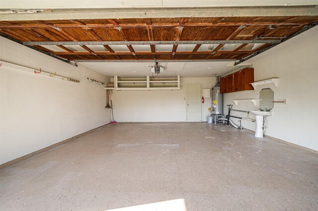 garage featuring a garage door opener and water heater