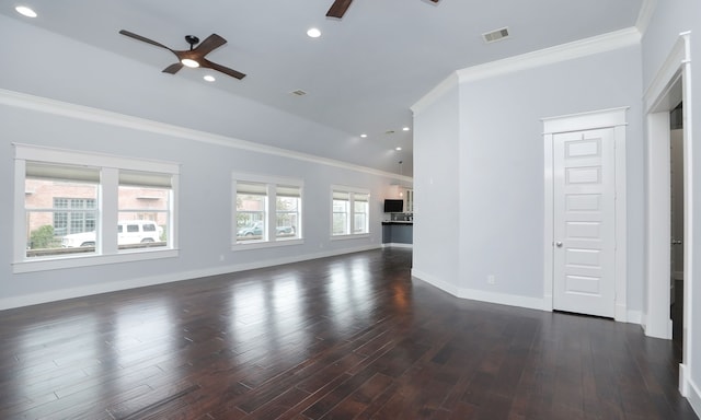 unfurnished living room featuring dark hardwood / wood-style floors, ceiling fan, and ornamental molding