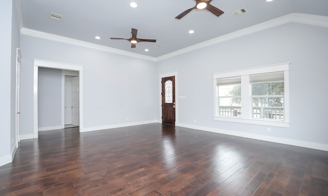 unfurnished living room featuring ornamental molding, ceiling fan, and dark wood-type flooring