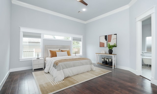 bedroom with dark hardwood / wood-style flooring, ensuite bathroom, ceiling fan, and crown molding