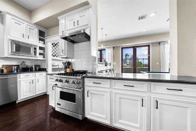 kitchen with white cabinetry, dark hardwood / wood-style floors, ventilation hood, decorative backsplash, and appliances with stainless steel finishes