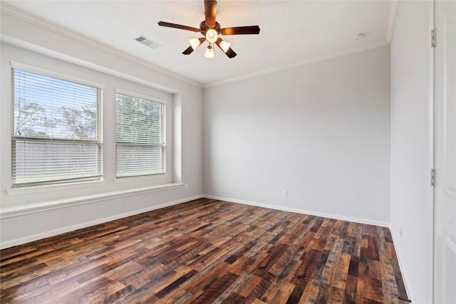 unfurnished room featuring dark hardwood / wood-style flooring, ceiling fan, and ornamental molding