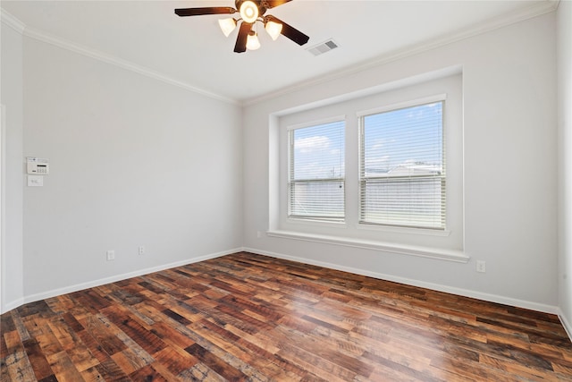 unfurnished room featuring ceiling fan, ornamental molding, and dark wood-type flooring