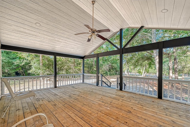 wooden terrace featuring ceiling fan