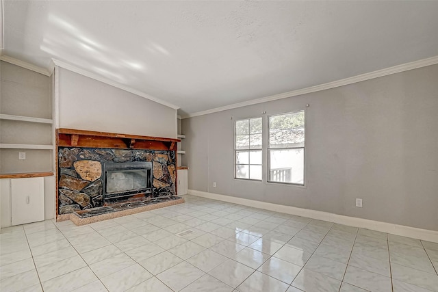 unfurnished living room featuring a stone fireplace, light tile patterned flooring, lofted ceiling, and ornamental molding