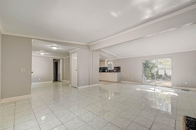 unfurnished living room featuring light tile patterned floors, vaulted ceiling with beams, a textured ceiling, and crown molding