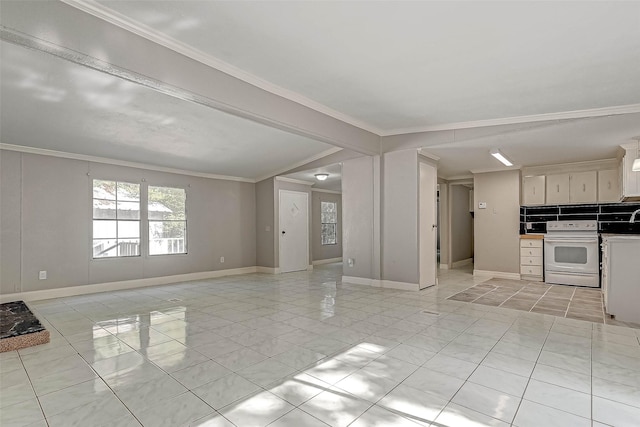 unfurnished living room featuring light tile patterned flooring and ornamental molding