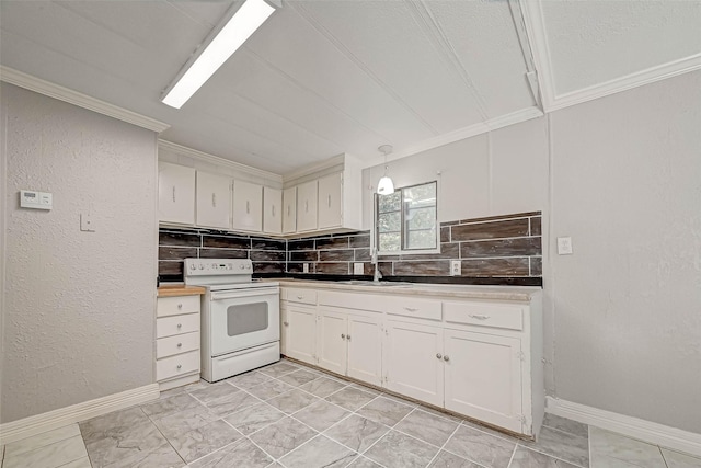 kitchen featuring backsplash, sink, electric stove, pendant lighting, and white cabinetry