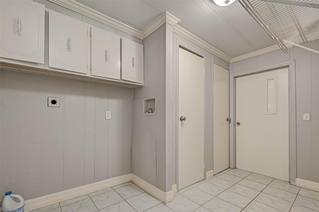 laundry room featuring electric dryer hookup, cabinets, crown molding, and hookup for a washing machine