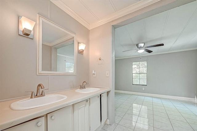 bathroom featuring tile patterned flooring, ceiling fan, crown molding, and vanity