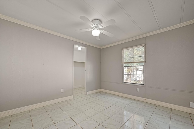 tiled empty room featuring ceiling fan and crown molding