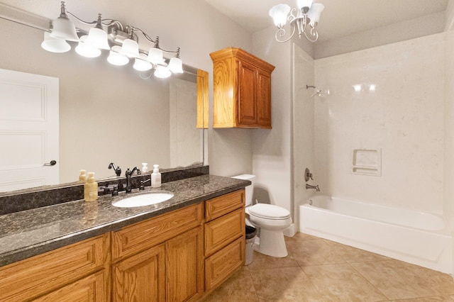 full bathroom featuring vanity, an inviting chandelier, tile patterned flooring, toilet, and shower / bath combination