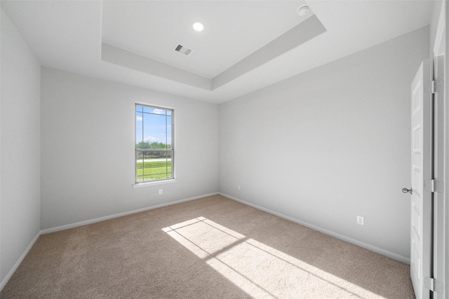 unfurnished room featuring light carpet and a tray ceiling