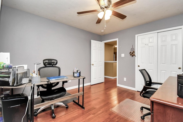 office area with ceiling fan and hardwood / wood-style flooring