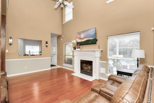 living room featuring a healthy amount of sunlight, a fireplace, and light hardwood / wood-style flooring