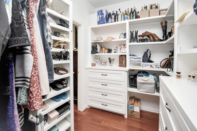 spacious closet with dark wood-type flooring