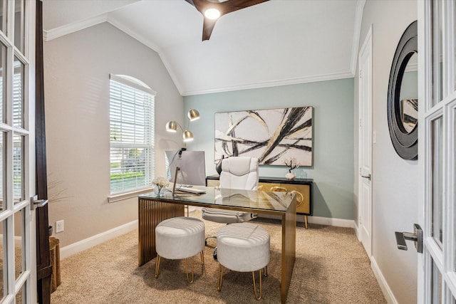 carpeted office featuring french doors, vaulted ceiling, and ornamental molding