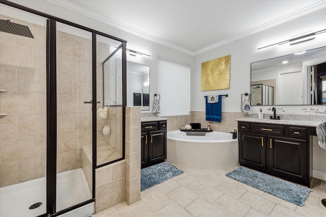 bathroom with tile patterned flooring, crown molding, vanity, independent shower and bath, and tile walls