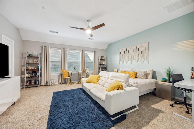 bedroom featuring carpet flooring, ceiling fan, and lofted ceiling