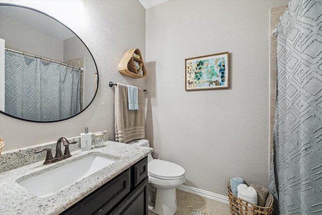 bathroom with curtained shower, tile patterned flooring, vanity, and toilet