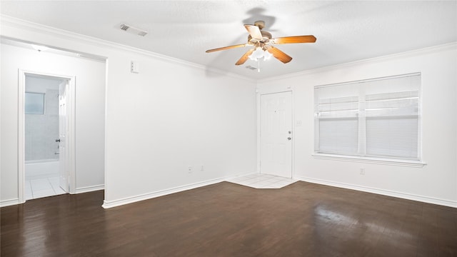 unfurnished room featuring ceiling fan, ornamental molding, and a textured ceiling