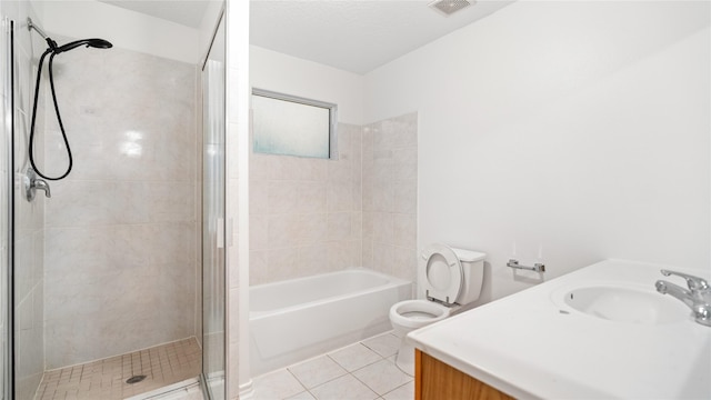 full bathroom with toilet, tile patterned flooring, plus walk in shower, and vanity