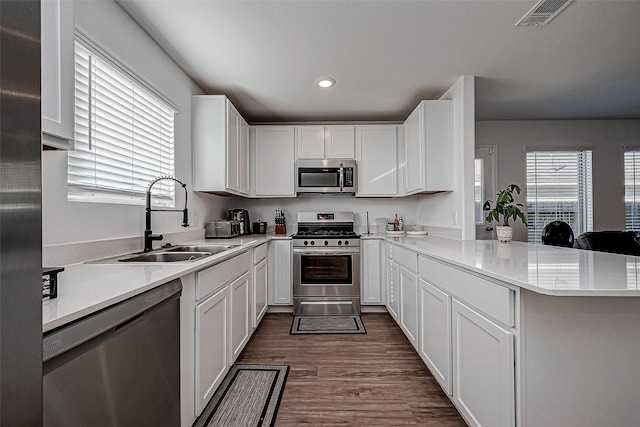 kitchen with kitchen peninsula, appliances with stainless steel finishes, dark wood-type flooring, sink, and white cabinetry