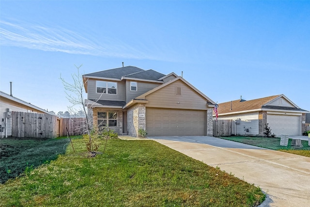 view of front of house with cooling unit, a garage, and a front yard