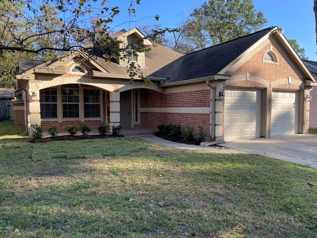 view of front of house with a front yard and a garage