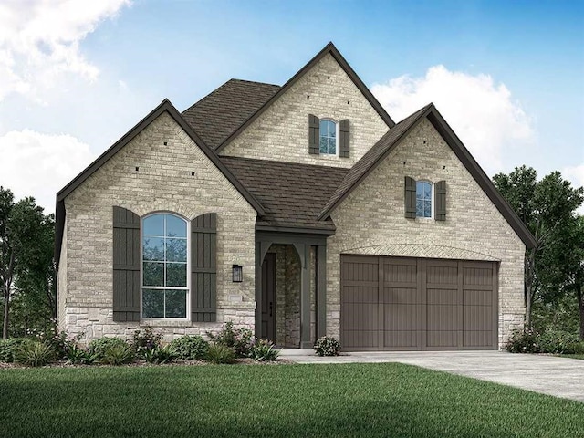 french country style house with a garage and a front lawn