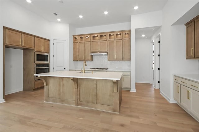 kitchen with a kitchen island with sink, decorative backsplash, stainless steel appliances, under cabinet range hood, and a sink